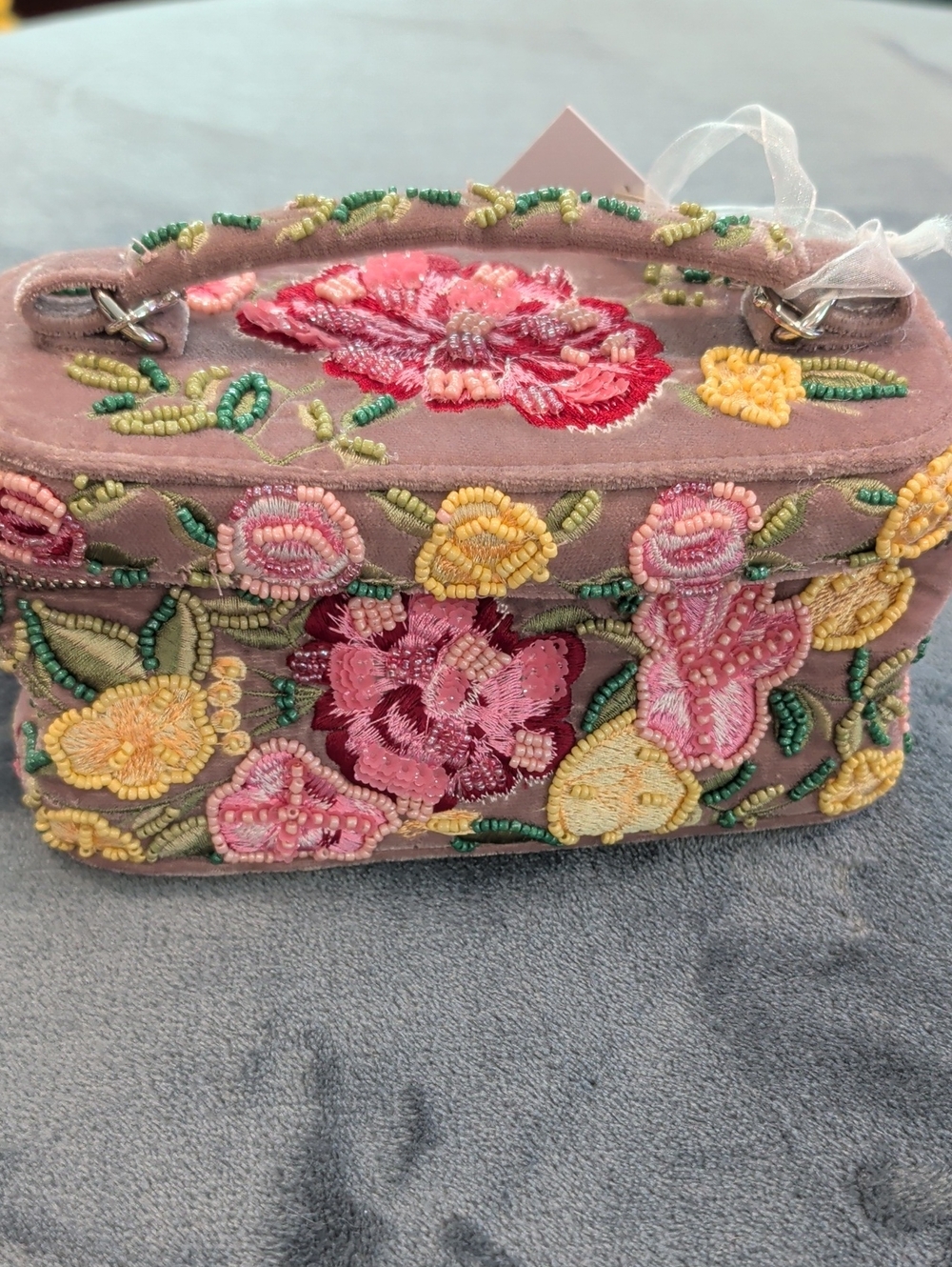 Embroidered Floral Velvet Vanity Bag in Mauve